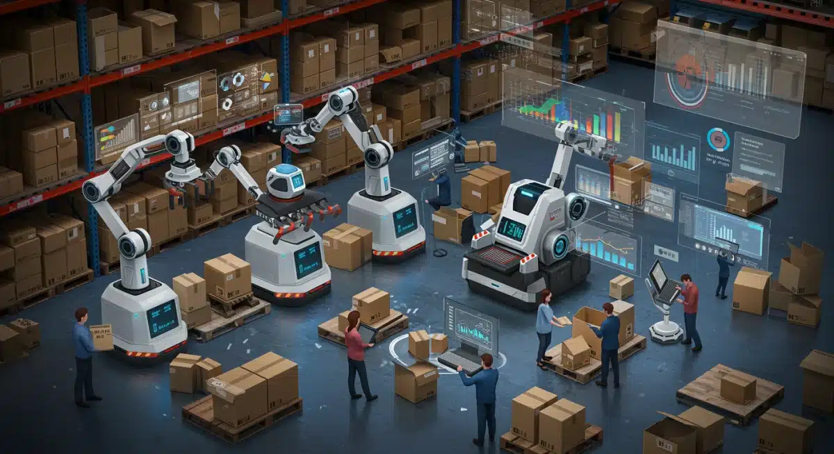 Automated warehouse with robots and data analytics, illustrating efficient e-commerce fulfillment