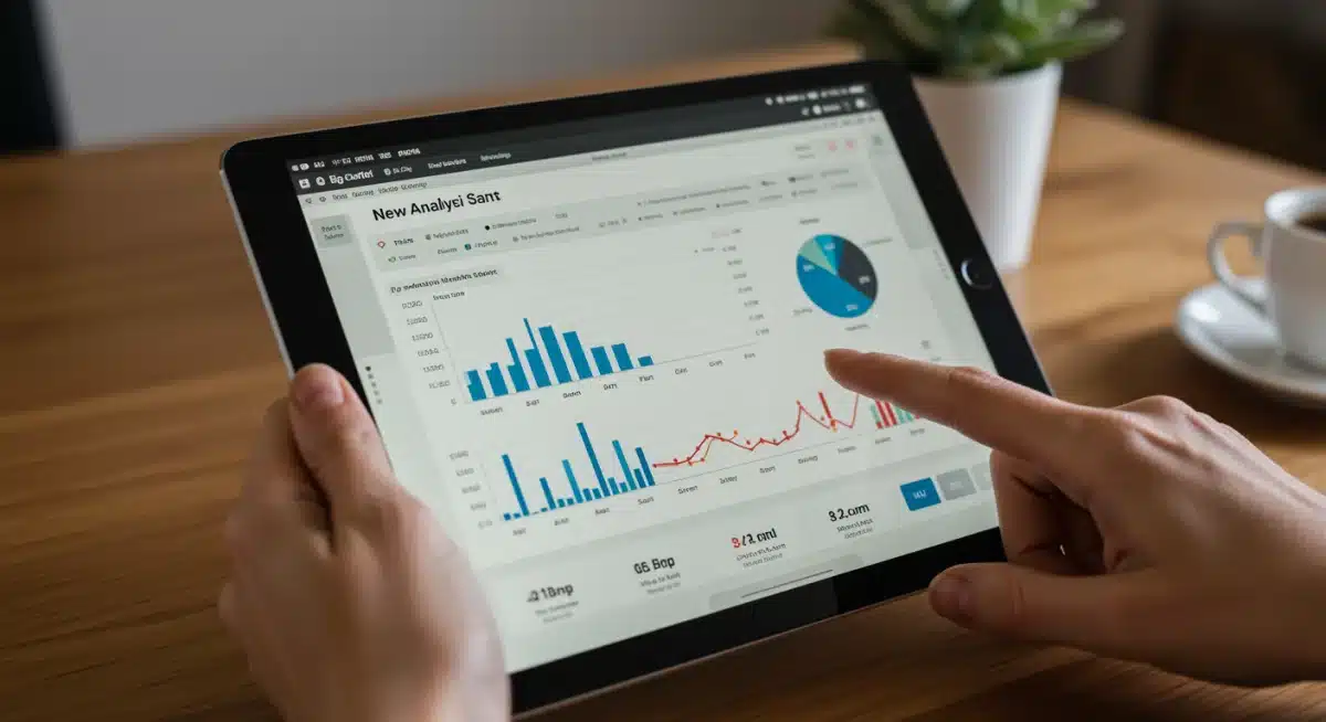 Hand interacting with a tablet showing Big Cartel's new analytics dashboard for artist sales.