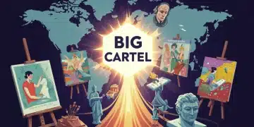 Big Cartel logo with diverse art forms converging, symbolizing artist empowerment and growth in the US market.