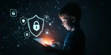 Child interacting with a tablet, protected by digital security shields and locks, symbolizing COPPA compliance for online privacy.