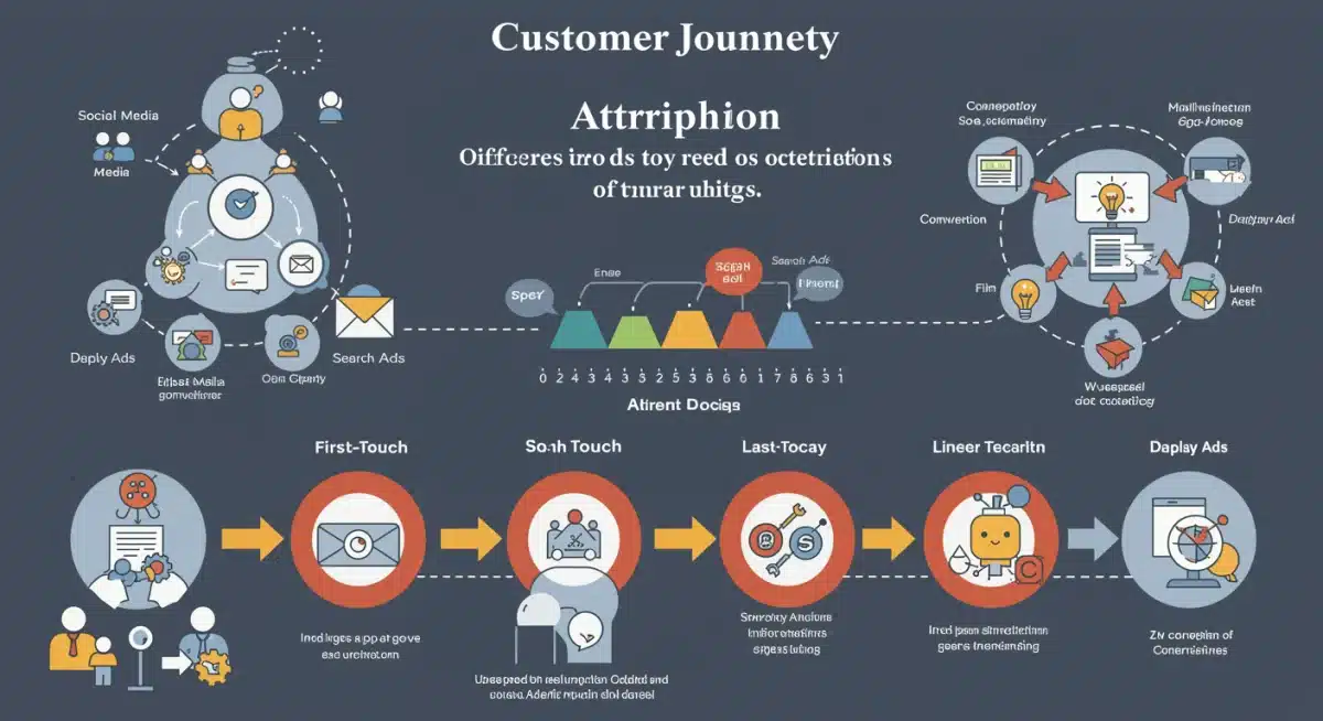 Infographic illustrating customer journey touchpoints and different attribution models