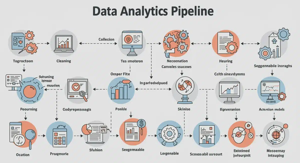 Data analytics pipeline for customer segmentation, showing data collection, processing, modeling, and insights.
