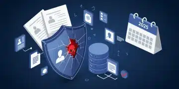 Digital shield protecting data from cyber threats, with 2025 calendar and legal documents in the background, representing data breach notification laws.