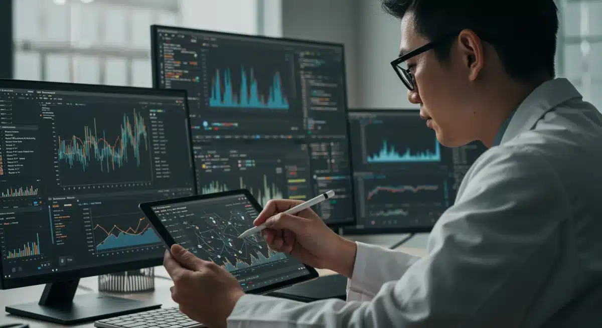 Data scientist analyzing A/B/n test data with advanced algorithms on multiple screens.