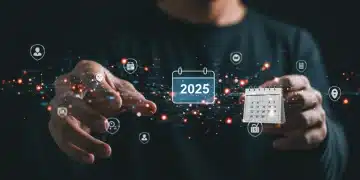 Digital network with security symbols and 2025 calendar for AML regulations