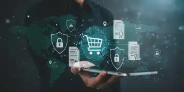 Digital security shields protecting an e-commerce shopping cart against a backdrop of global digital network, representing consumer protection regulations.