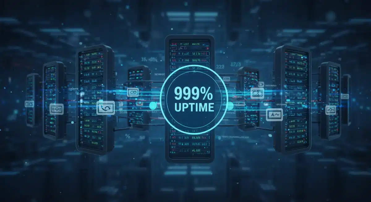 Servers and data streams illustrating 99% uptime for e-commerce platforms.