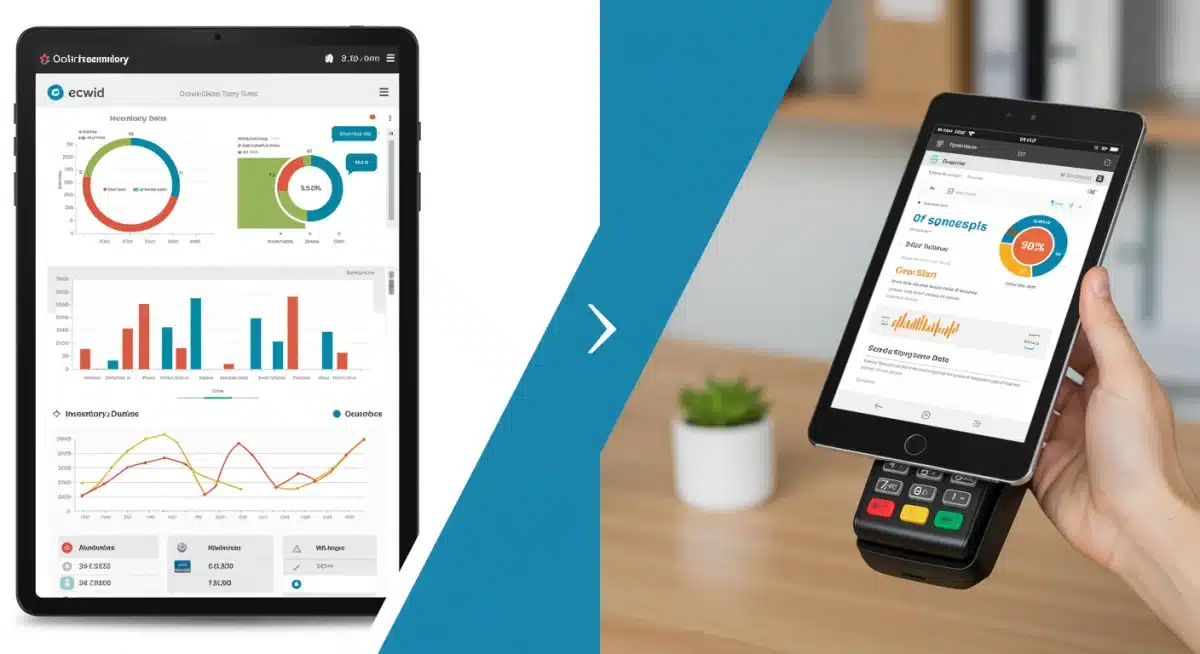 Ecwid online dashboard and physical POS interface showing synchronized inventory and customer data
