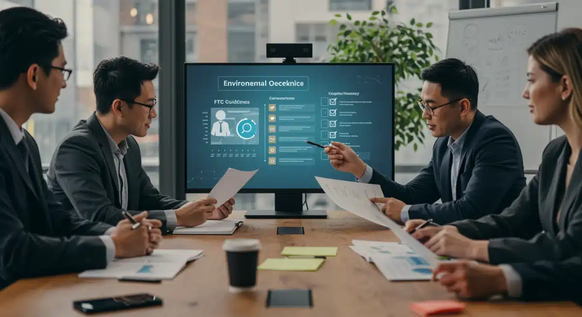 Team collaborating on environmental marketing strategy, reviewing FTC guidelines