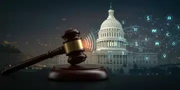 Gavel with digital commerce symbols representing the 2025 FTC Act's impact on e-commerce.