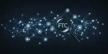 Digital network illustrating data flow and FTC scrutiny in online advertising.
