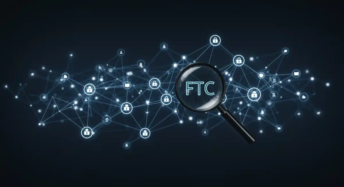 Digital network illustrating data flow and FTC scrutiny in online advertising.