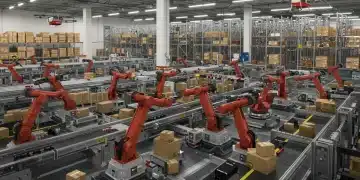 Futuristic e-commerce fulfillment center with automated robots and delivery drones