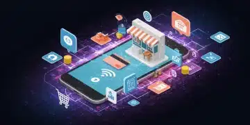 Futuristic mobile commerce interface on a smartphone screen with digital payment icons