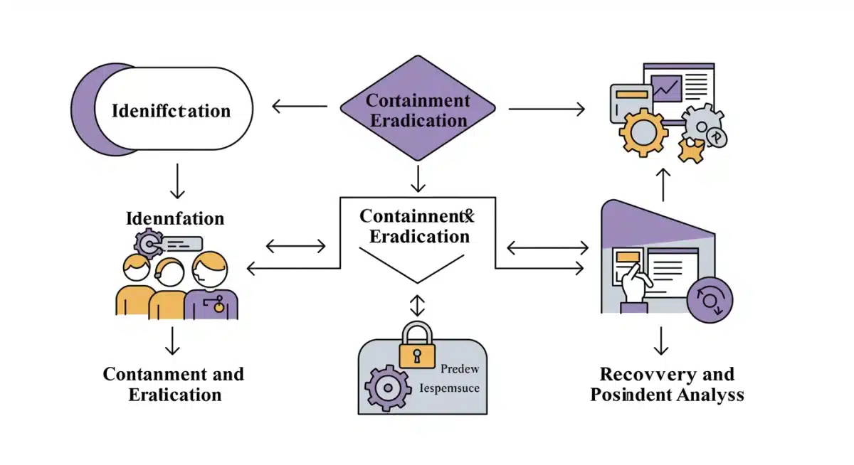 Flowchart detailing the three steps of data breach incident response: identification, containment, and recovery.
