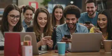 People engaging with live shopping on digital devices, vibrant e-commerce scene