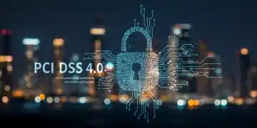 Digital lock icon over circuit board, symbolizing PCI DSS 4.0 compliance and secure payment processing.