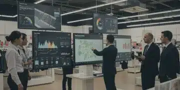 Real-Time Data Analytics for US Retailers: 10% Conversion Boost Retail professionals analyzing real-time data dashboards in a modern store environment