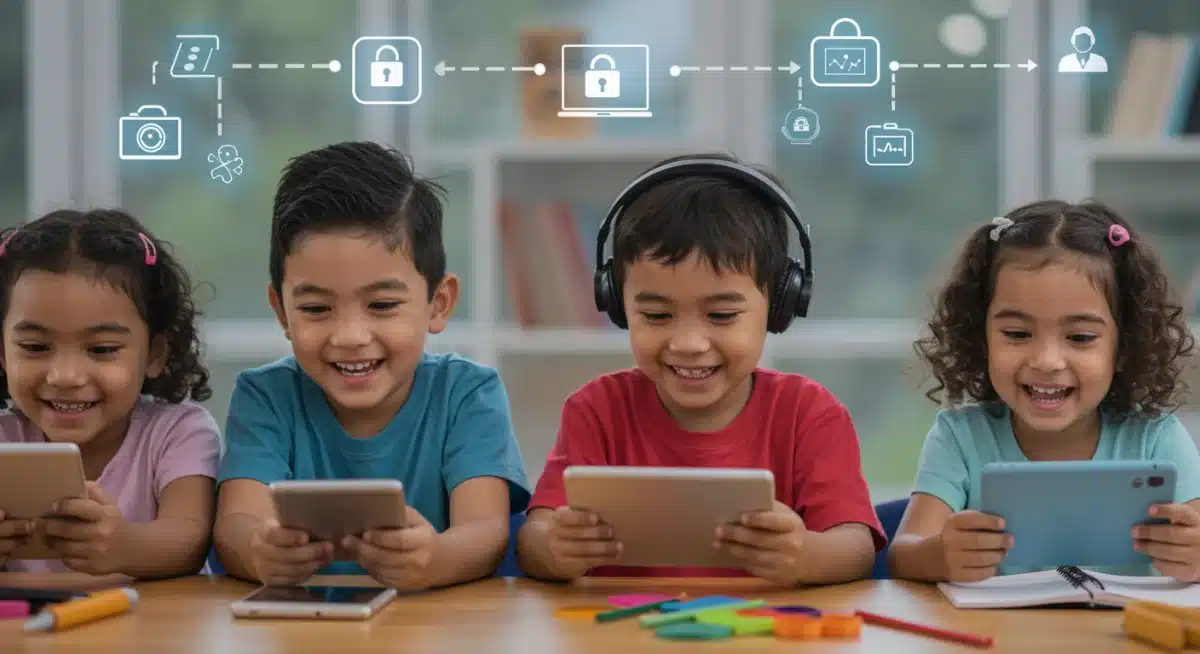 Children safely using digital devices for education, protected by parental controls and data privacy measures.