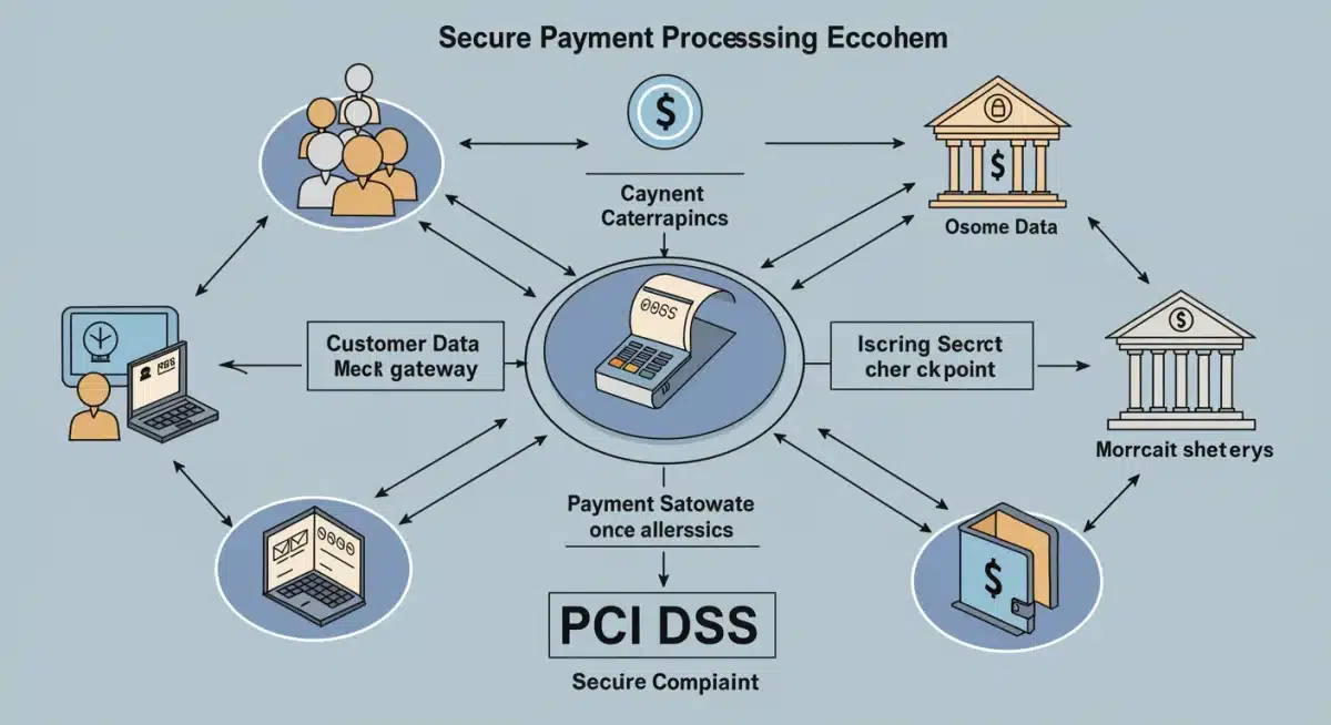 Infographic of secure payment processing ecosystem and PCI DSS compliance checkpoints.
