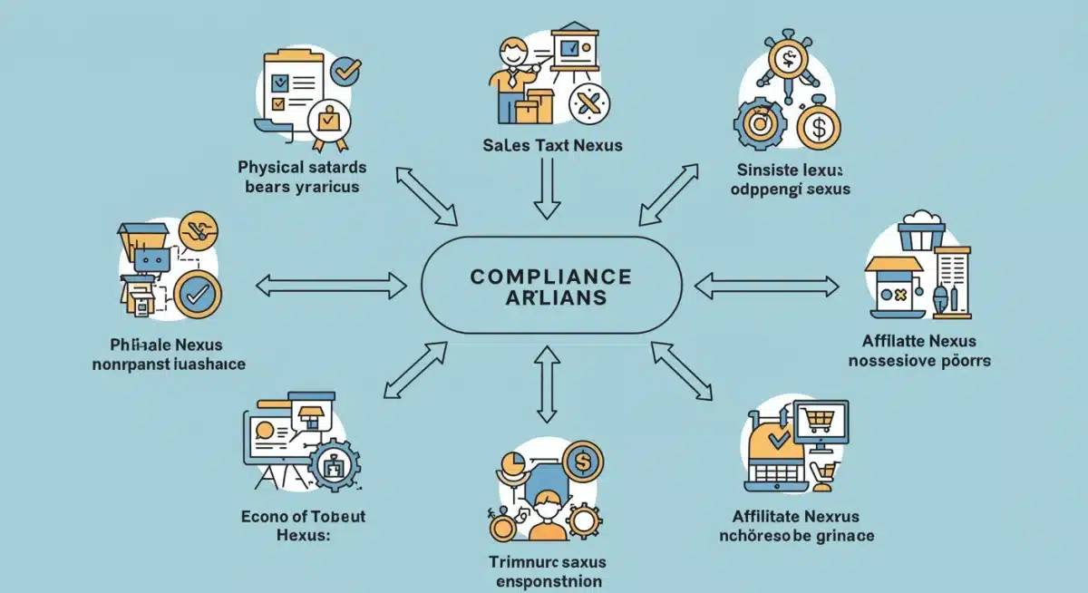 Infographic illustrating different types of sales tax nexus and their implications for e-commerce compliance.