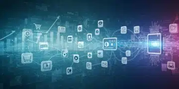 Digital illustration of unstructured data streams feeding into an e-commerce analytics platform, showing product innovation.
