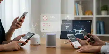 Voice Search Optimization: Boost E-commerce Traffic 5% by 2025 People using smart devices for voice search e-commerce