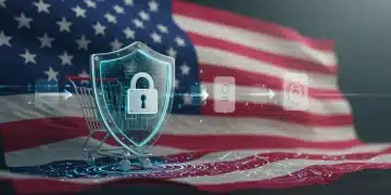 Digital shield safeguarding e-commerce data with Volusion logo and US flag backdrop.